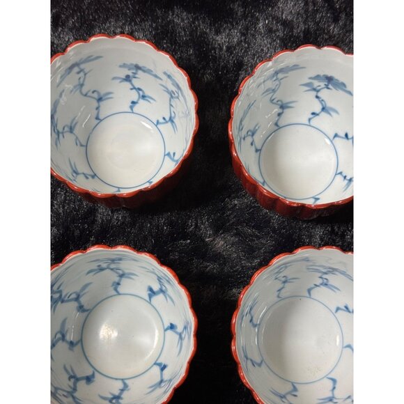 Scalloped Red Porcelain Tea Cups With Blue Floral Interior Design Set Of 4 - Picture 8 of 11